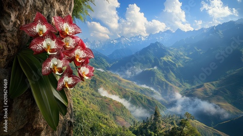 Orchids on mountainside, scenic view, vibrant flowers