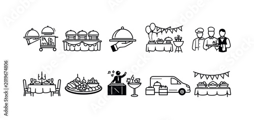 Catering service icons depicting food service, delivery, and event setup