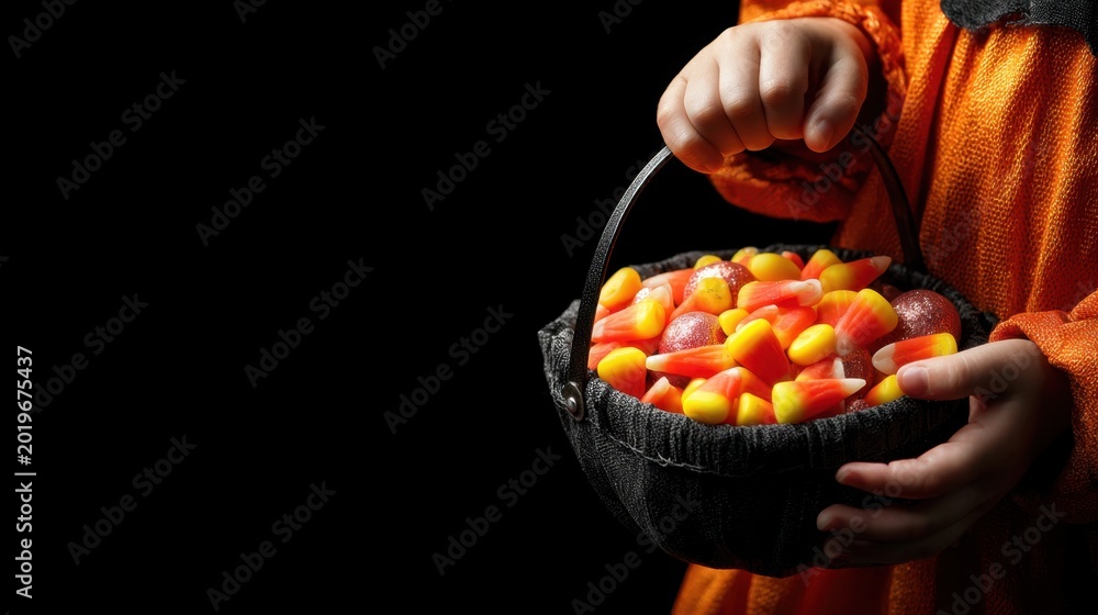 Fototapeta premium Child holding a basket of Halloween candy corn for trick-or-treat in orange costume