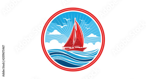 Nautical sailing boat emblem features a red sailboat on ocean waves with a sunburst sky and seagulls in a circular frame.