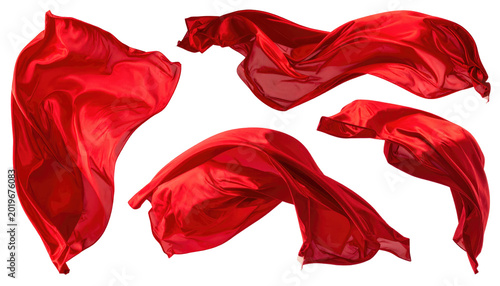 Several sections of vibrant, glossy, flowing material are set against a transparent background. The cloth's rich hue suggests passion