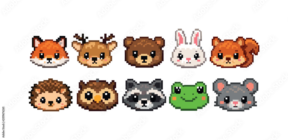 Fototapeta premium Collection of cute pixel art forest animal faces in a simple, charming style