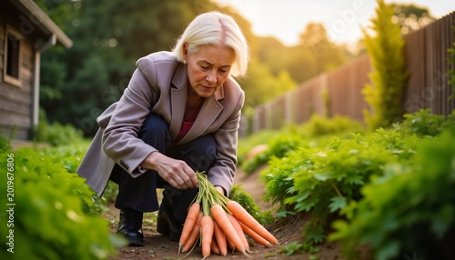 Elderly woman harvesting carrots in garden during sunset  