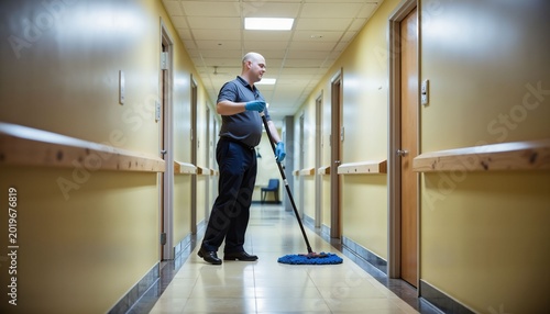 Custodian mopping the floor in a long hallway of a building  