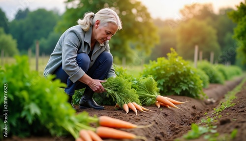 Elderly woman harvesting carrots in garden during sunset  