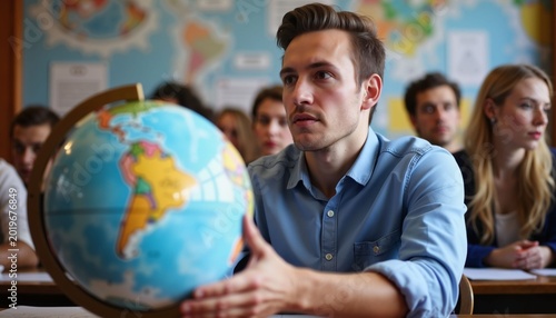 Young man holding globe during geography class with attentive peers  