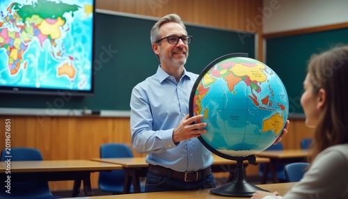 Male professor holding globe while teaching geography in classroom  