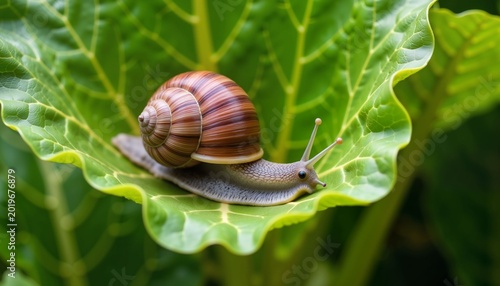 Snail crawling on green cabbage leaf in garden setting  