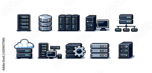 Collection of pixel art server and data icons for technology and computing concepts