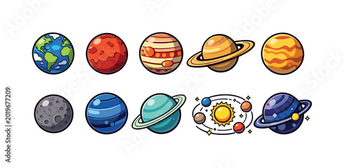 Cartoon planets and solar system elements for educational and space-themed designs