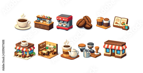 Collection of isometric coffee shop elements and brewing equipment