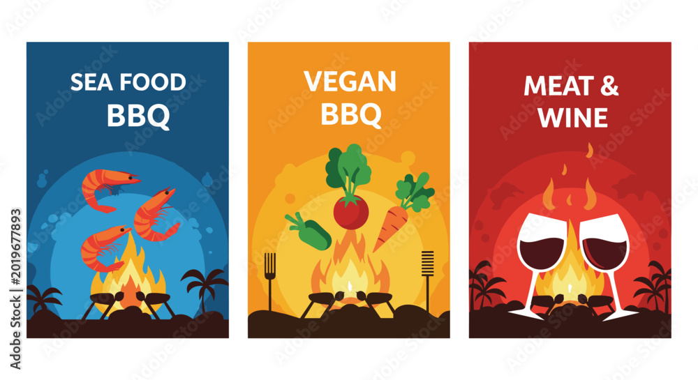 Fototapeta premium Three colorful posters advertise different barbecue options including seafood, vegan vegetables, and meat paired with red wine for events.