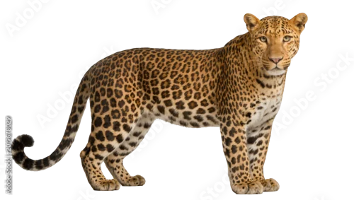 Fototapeta samoprzylepna Leopard with spotted fur standing alert, isolated on transparent background