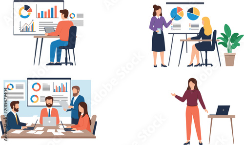 Business presentation and teamwork concept with office professionals analyzing charts, graphs, and data reports illustration