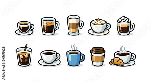 Collection of various cartoon coffee drinks and pastries for breakfast