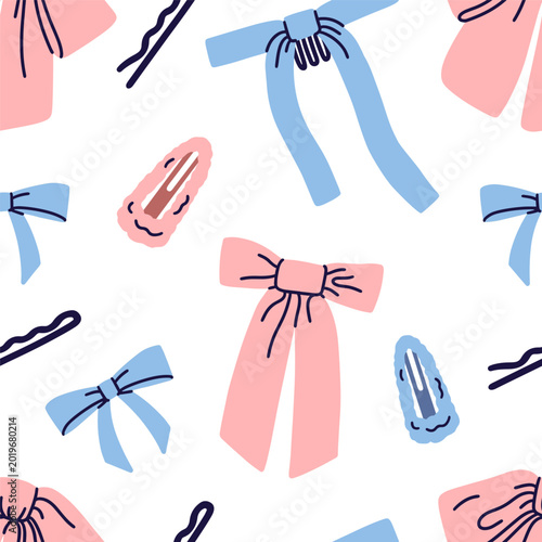Ribbon bow tie, barrette, hairpin, seamless feminine girlish pattern. Hair ac...