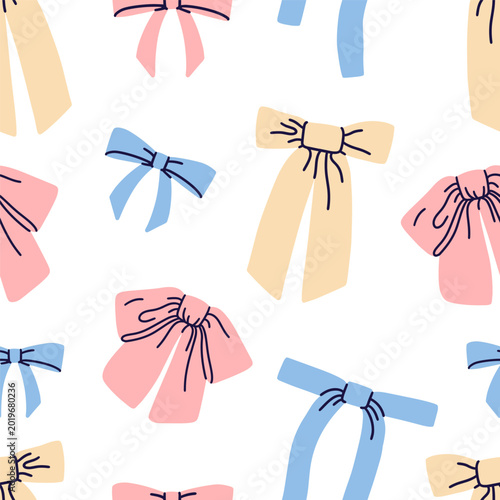 Ribbon bow ties, seamless feminine girlish pattern. Hair bowknots, girly acce...