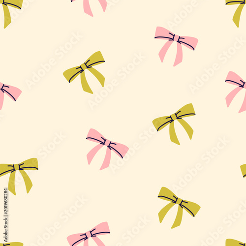 Hair bow knots, seamless girly pattern. Feminine bowknots, ribbon ties, girls...
