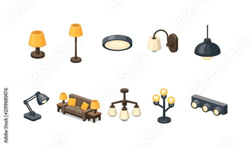 Collection of isometric interior lighting fixtures and furniture elements