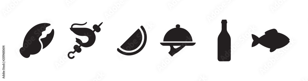 Fototapeta premium A collection of simple black icons representing food and drink elements, including a lobster claw, shrimp, watermelon slice, cloche, bottle, and fish.