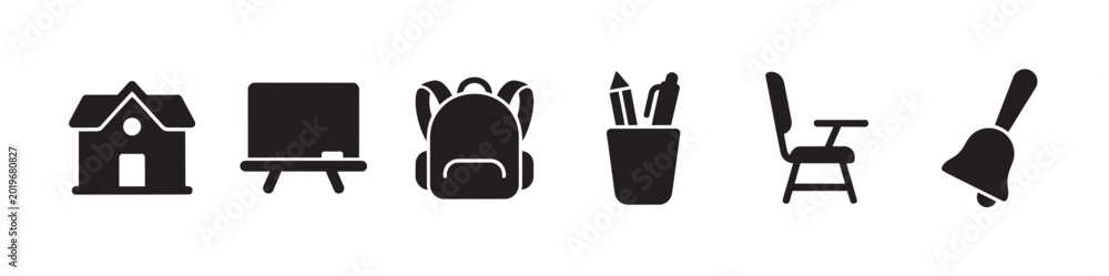 Fototapeta premium A set of black minimalist icons representing education and learning, including a house, blackboard, backpack, pens, chair, and bell.