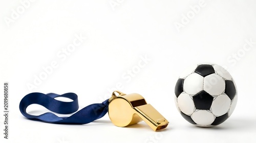 Golden Whistle and Soccer Ball on White Background