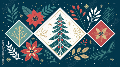 Christmas tree and flowers on a dark blue background with snowflakes