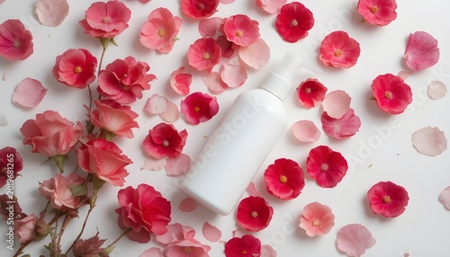 A white spray bottle surrounded by rose petals on a white background. Flat lay, top view

