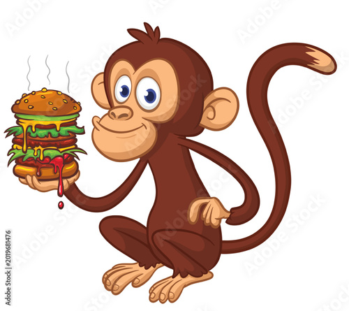 Photography Cartoon funny monkey chimpanzee holding tasty big burger in his hands