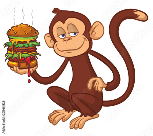 Photography Cartoon funny monkey chimpanzee holding tasty big burger in his hands