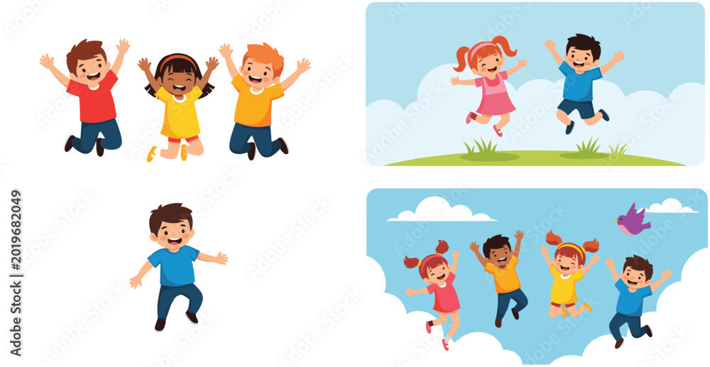 Fototapeta premium Colorful cartoon illustration of happy children jumping and playing outdoors under blue sky with clouds and grass background