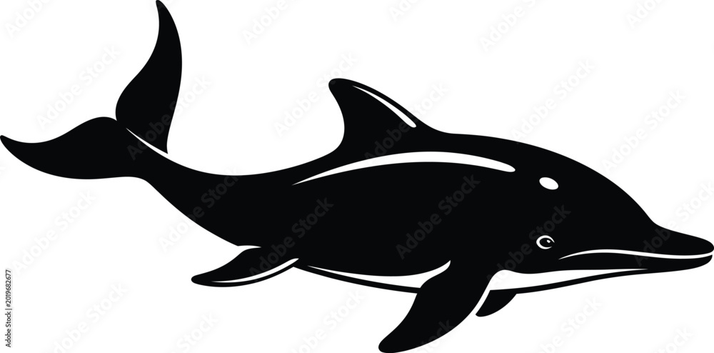 Fototapeta premium Minimalist black and white dolphin silhouette swimming in ocean water vector illustration