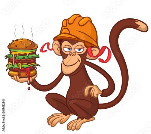 Photography Cartoon funny monkey chimpanzee holding tasty big burger in his hands wearing safety helmet