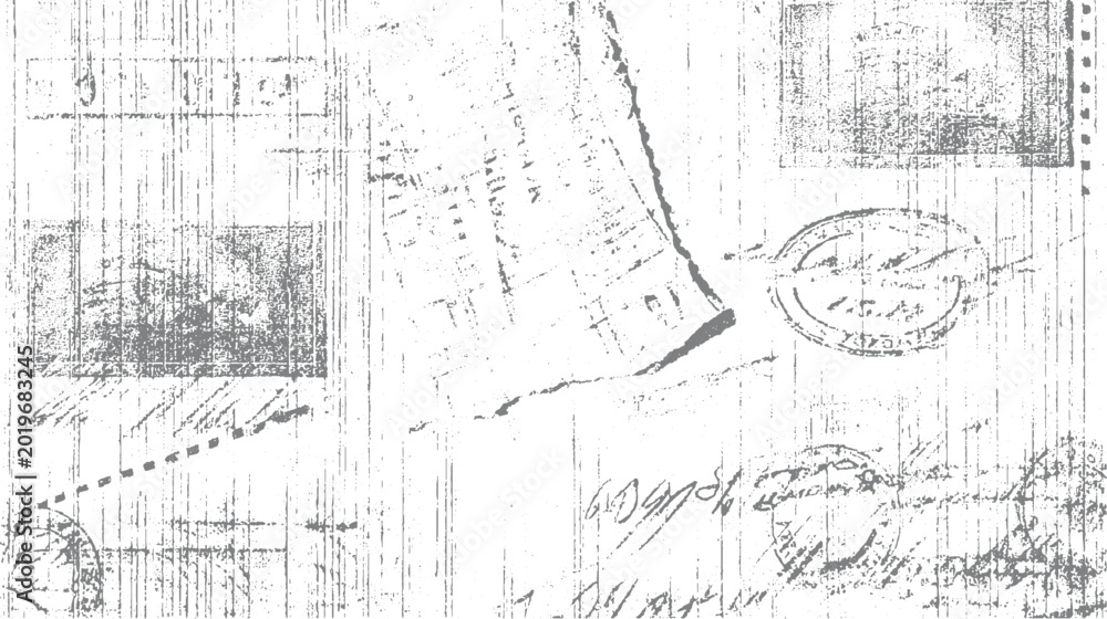 Fototapeta premium Vintage distressed paper texture with faded postal stamps and handwritten script grunge