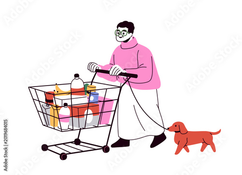 Old aged woman with grocery shopping cart, pushcart. Supermarket customer, se...