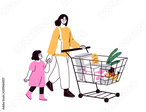 Family, mom and girl kid walking with supermarket store trolley. Woman and ch...