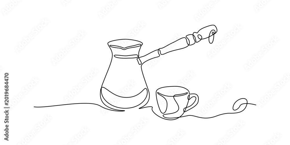 Obraz premium Continuous line drawing of traditional coffee jezve with cup and bean