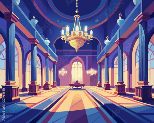 Grand classical interior hall with chandelier, arched windows, and symmetrical columns, stylized flat vector illustration