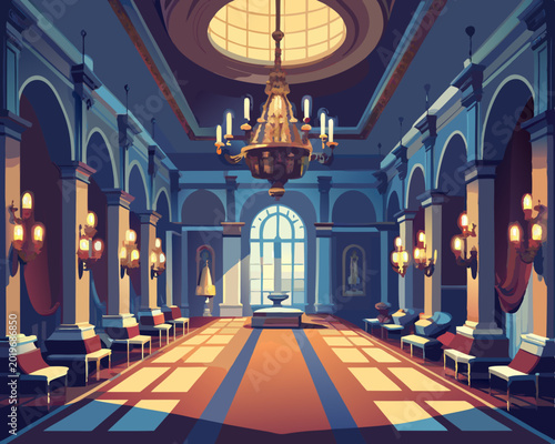 Grand classical interior hall with chandelier, arched windows, and symmetrical columns, stylized flat vector illustration