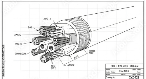 Detailed technical drawing of a complex cable bundle.