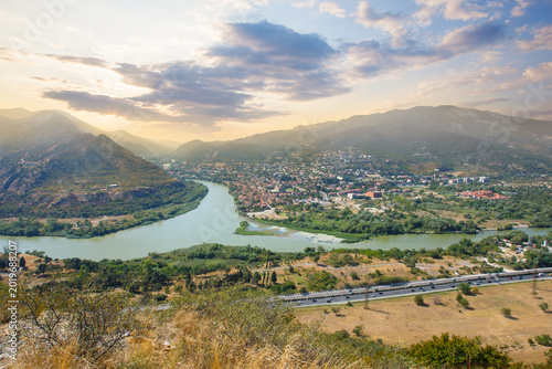 Canvastavla Panoramic view of confluence of Kura Aragvi rivers, Georgia