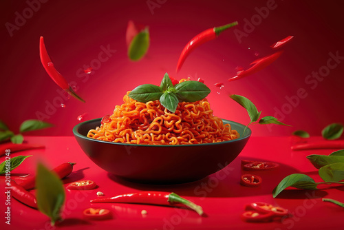Spicy instant noodles in a dark bowl garnished with basil leaves with flying chili peppers