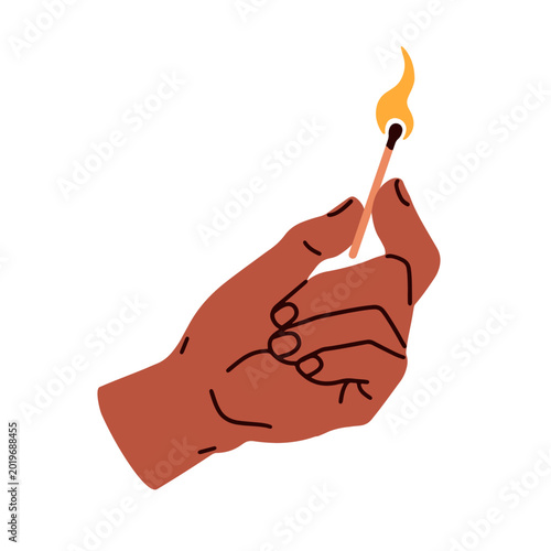 Hand holding ignited match stick. Lit fire flame burning on wooden matchstick...