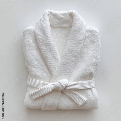 Plush white terry cloth bathrobe neatly folded with a tied sash on a bright background