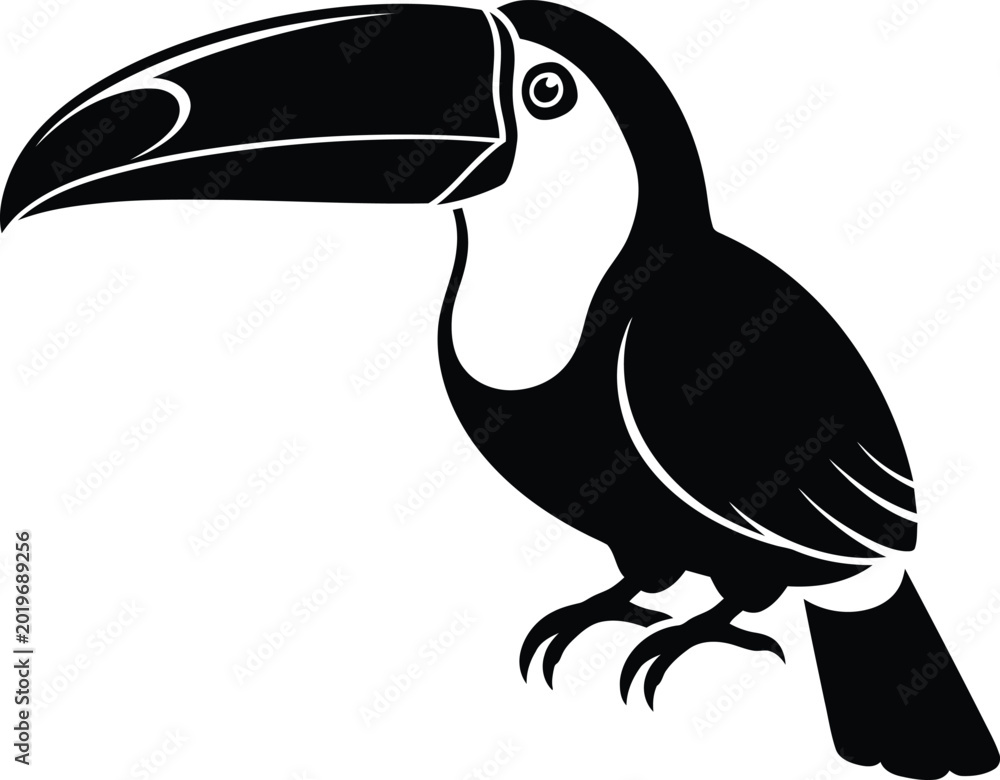 Fototapeta premium Stylized black and white silhouette of a tropical toucan bird vector illustration