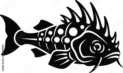 Foto Stylized predatory deep sea monster fish silhouette with spiky fins vector illus