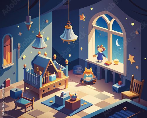 Enchanting Nursery Room at Night with Baby Crib, Teddy Bears, Hanging Stars and Crescent Moon through Window, Vector Illustration