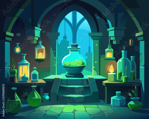 Mystical Apothecary Laboratory with Glowing Green Potions, Magic Herbs, and Alchemy Glassware in a Stone Dungeon, Vector Illustration