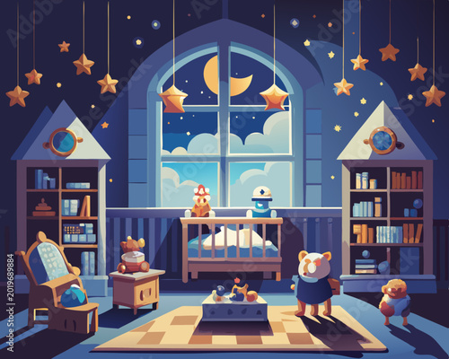 Enchanting Nursery Room at Night with Baby Crib, Teddy Bears, Hanging Stars and Crescent Moon through Window, Vector Illustration
