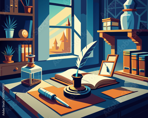 Detailed Vintage Writer's Desk Illustration with Quill and Inkwell, Books,